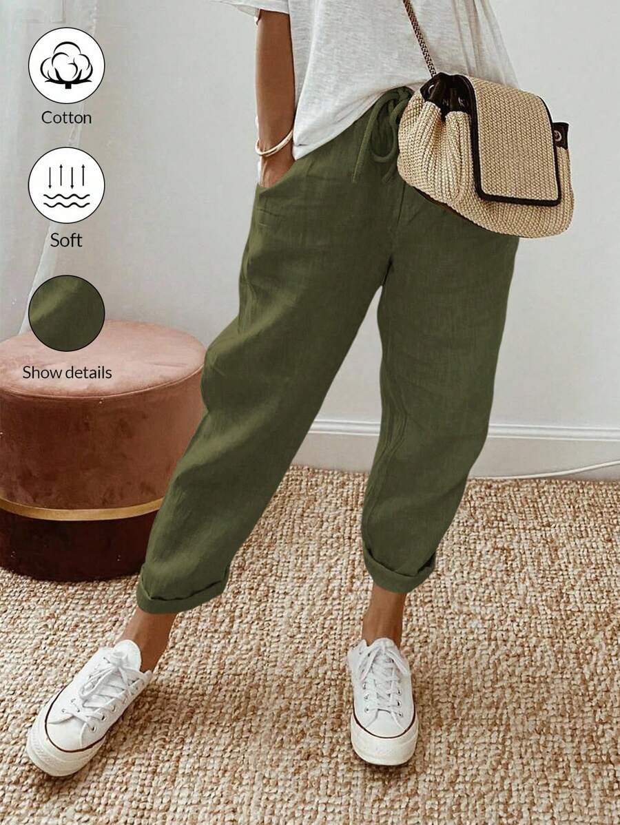 SHEIN PETITE Women Solid Color Waist Tie Pocket Linen Blend Casual Pants, Spring/Summer Fall Cloth For Women - Army Green - View 1