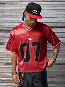 AXEPEAK V领短袖数码印花宽松男士T恤，街头风格 - 紅色 - 查看 4