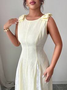 Selianne Women's Buttercream Sleeveless Lemon Yellow Dress With Bow,Elegant Lace Splice White And Yellow,Summer,Elegant,Tea Party Dress For Independence Day - Yellow - View 4