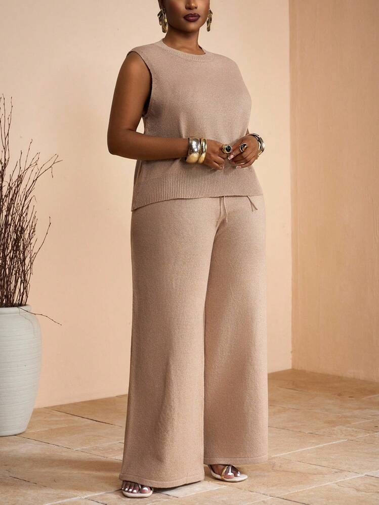 Veslaya 2-Piece Set: Basic Solid Brown Knit Crew Neck Sleeveless Top And Pants, Elegant Sophisticated For Daily Casual, Party, Commuting, Plus Size Ladies, Autumn/Winter 2025 New Arrivals Fall - Brown - View 4