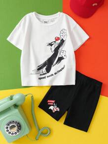 LOONEY TUNES X SHEIN 2件套少女卡通猫咪印花短袖T恤和短裤 - 彩色 - 查看 1