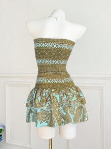 Elamini Women's Retro Tube Top Fitted Ruffle Hem Casual Printed Dress - Multicolor - View 2