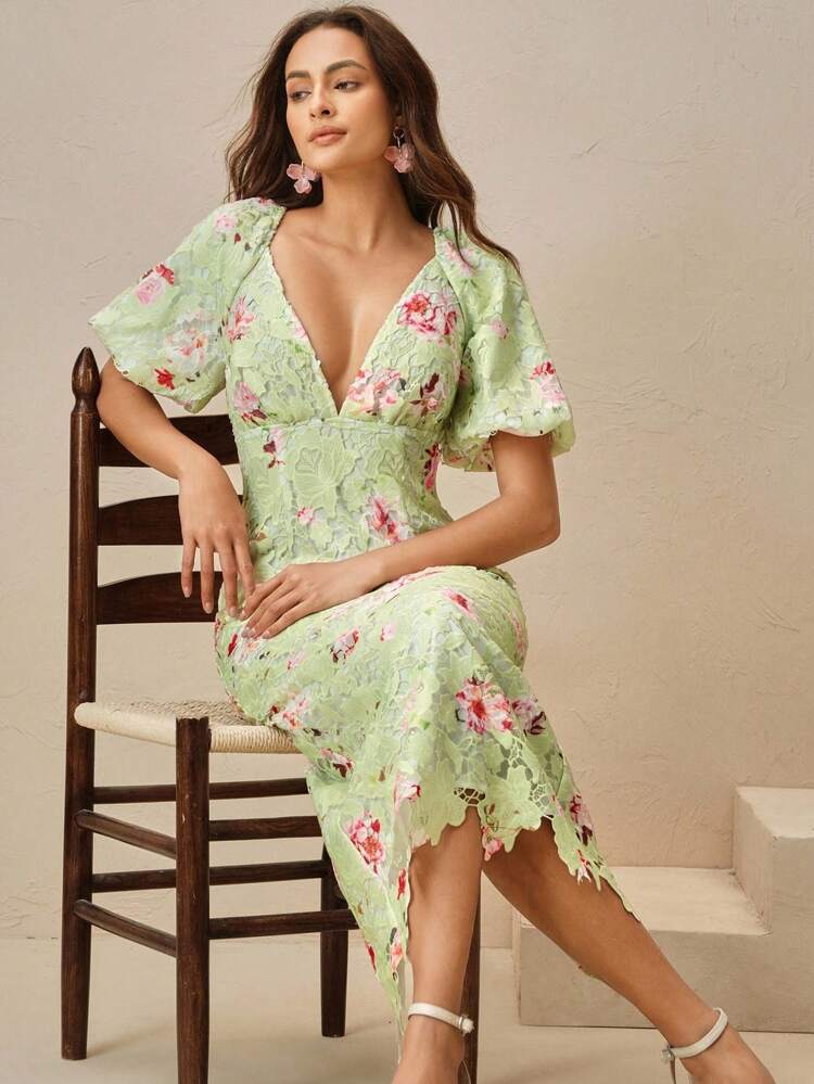 Women's Woven Water-Soluble Lace Lace Lace Bubble Short Sleeved V-Neck Fashionable Printed Dress Floral, Spring/Summer, Elegant