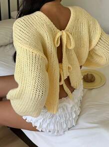 SHEIN EZwear Áo khoác cardigan buộc dây màu vàng bơ trơn thường ngày dành cho nữ, đa năng trong mùa thu/đông - Màu be - Xem 5