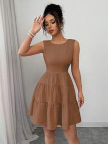 Elenzga Vestido Patinadora de Mulher Cintura Apertada com Laço Decorativo nas Costas, Gola Redonda, Sem Mangas, Cor Sólida