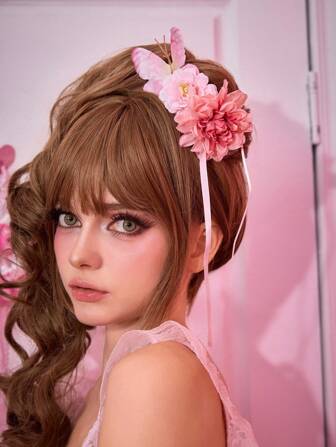Kawaii 1 pièce Adorable épingle à cheveux avec élément floral et papillon, barrette de ruban style rococo doux, accessoire de coiffure polyvalent pour un port quotidien et pour les fêtes