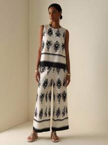 Vesra 2-Pc Set: Sleeveless Printed Top & Elastic Waist Loose Pants, Summer Fashion Boho Two Piece Set - Multicolor - View 1