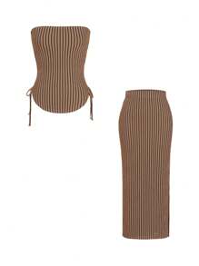 Islaluna Conjunto de 2 peças Top Cropped e Saia Listrada, Casual/Escritório, para Mulheres no Verão
