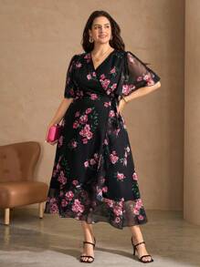 SHEIN Clasi Plus Size Women Floral Print Mesh Sleeve Crossed Wrap Elegant Dress Floral Dress Women Elegant Wrap Dresses For Women Floral Wrap Dress Rose Print Dress Black Floral Dress Fall Clothes Plus Size Fall Outfits Back To School Homecoming Country Concert Outfit Country Outfits Women Modest Dresses For Women Modest Old Money Wedding Guest Dress Women Dress For Wedding Guest Mother Of The Bride Dresses For Wedding Formal Dresses For Wedding Guest Dress For Wedding Birthday Dresses For Women Birthday Outfit Boho Fairycore - Multicolor - View 2
