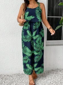 SHEIN Frenchy Plus Size Floral Print Sleeveless Jumpsuit, Summer Holiday - Blue - View 3