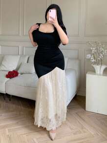 Modelyn Vestido elegante de talla grande con contrastes de color y patchwork de encaje - Negro - Ver 5
