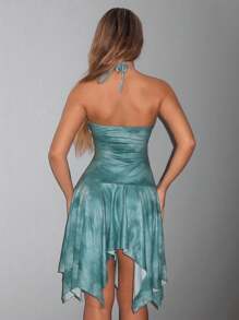 SHEIN ICON 女士波西米亚风性感优雅飘逸乡村扎染水钻蓝绿色 V 领无袖修身荷叶边不对称下摆露背印花连衣裙 - 淺藍色 - 查看 2