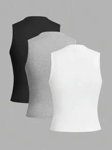 SHEIN LUNE 3 件装纯色背心，返校休闲款 - 彩色 - 查看 2