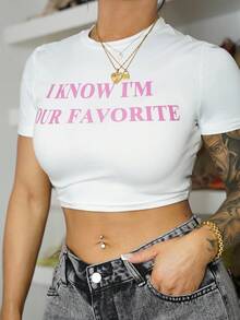 SAYEHFBABY I Know I'm Your Favorite Women's Summer Y2K Baby Pink Slogan Cropped T-Shirt I KNOW I'M YOUR FAVORITE - White - View 3