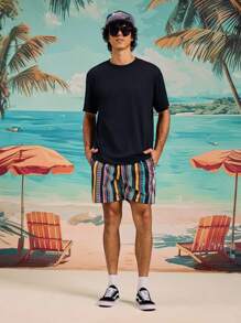 Manfinity VDAYZ Men's Elastic Waist Drawstring Loose Casual Vintage Style Beach Pants - Multicolor - View 2