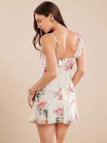 L'Amorae Vestido de verano elegante con estampado floral all-over, escote asimétrico, volantes y sin mangas, de gasa, para mujer