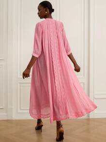 BELROSIE Elegant Soft Pink Long Dress For Women,Autumn Lace Trim Decor Open-Front 3/4 Lantern Sleeve,Lightweight Luxury & Chic Brunch Beach Holiday Style - Watermelon Pink - View 3