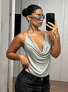 SHEIN ICON Sexy Deep Draped Neck Backless Lace-Up Gold & Silver Thread Tank Top Sparkly Top Glittery Top Silver Top Women Bling Top Metallic Top - Silver - View 3