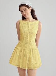 Enchnt Váy mini thêu viền bèo nhún đơn hàng khuy cắt laser cho nữ - Màu vàng - Xem 4