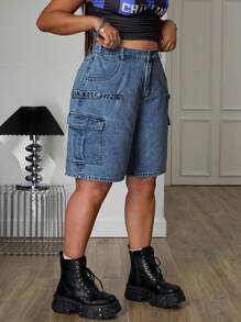 SHEIN ICON Cargo Pocket Tie-Up Detail Print Washed Denim Shorts