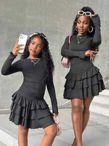 SHEIN 少女优雅纯色荷叶边长袖褶皱连衣裙，母女装（2 件套单独出售）