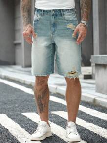 Manfinity Homme Quần short denim túi xéo giản dị mùa hè dành cho nam - Rửa trung bình - Xem 7