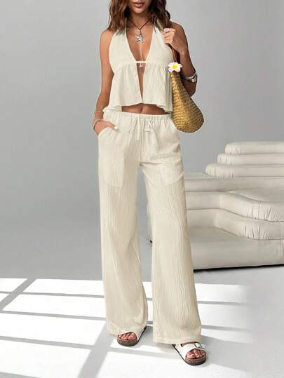SHEIN EZwear 2pcs/Set Women Woven Apricot Color Halter Backless Top & Pants
