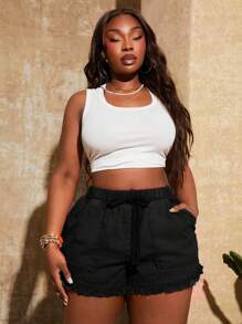 SHEIN SXY 大码女式新款复古水洗复古松紧腰流苏下摆短裤，适合日常穿着，音乐节、音乐会、狂欢派对、海滩度假、约会之夜、生日、单身派对、俱乐部、可爱、休闲、购物、街头服饰、外出 - 黑色 - 查看 7