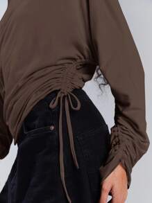 Athîral Dam Casual Enfärgad Asymmetrisk Krage Dragsko Topp, Höst - Brun - Visa 6