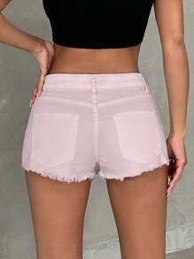 Quần short denim tua rua viền tua rua màu trơn 100% cotton - Màu Hồng baby - Xem 2