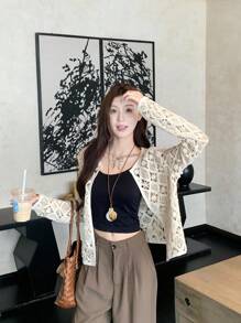 DAZY Giacca sottile con maniche lunghe e mezza lunghezza in pizzo, stile coreano per primavera, estate e autunno, abbigliamento da donna per vacanze - Albicocca - Visualizzare 3