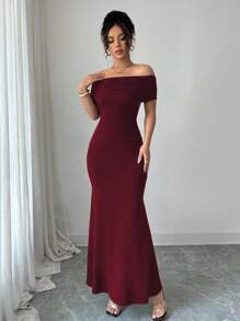 Rafferiza 全新设计露肩露背超长美人鱼连衣裙 - 酒紅色 - 查看 7