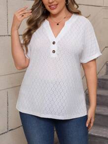 SHEIN Plus Size Summer Casual Solid Color Textured Boat Neck Blouse - White - View 3