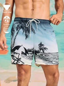 Manfinity Swimmode 男士松紧腰抽绳宽松休闲棕榈树印花沙滩裤