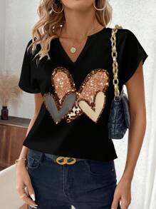 SHEIN Clasi 情人节修身缺口领短袖衬衫，带有心形印花，适合夏季情人节心形衬衫 - 黑色 - 查看 4