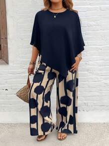 EMERY ROSE Plus Size Vacation Casual Solid Color Shirt And Striped Circle Print Pants Set - Multicolor - View 5