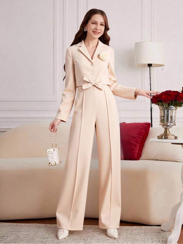 Teen Girl Elegant Casual Commuter Short Suit, 3D Flower Knitted Vest And Trouser Jumpsuit With Belt