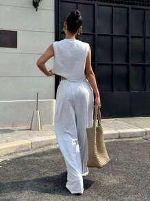 SHEIN Tall CURVE 2pcs/Set Plus Size Women Casual Solid Color Round Neck Vest And Pants Set