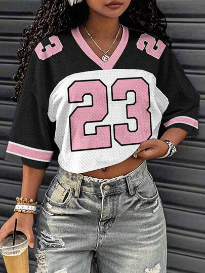 Slaydiva Women Casual V-Neck Loose Short Half Sleeve Mesh T-Shirt, Suitable For Summer, Sports Games,School Clothes Y2k Graphic Tees Women Y2k Tops For Women Cute Y2k Tops Jerseys For Women Women Graphic Tees Suitable For Going Out Chic