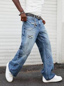 ROMWE MEN Street Life Men's Street Patchwork Ripped Straight Leg Baggy Jeans, Belt Not Included - Baby Blue - View 5