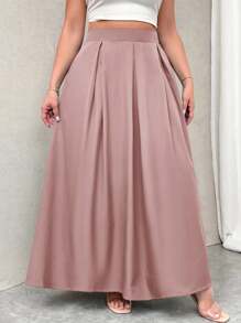 Firerie Falda larga plisada de talle alto en gris con bolsillos, cintura elástica, para otoño y vuelta al colegio, tallas grandes para mujer - Rosa vieja - Ver 5
