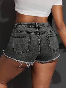 Slaydiva Plus Size Sexy Slim Fit Elastic Denim Shorts, Summer USA 4th Of July - Black - View 2