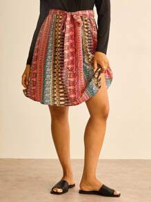 SHEIN VCAY 大码女式几何印花系带长袖连衣裙 - 彩色 - 查看 6