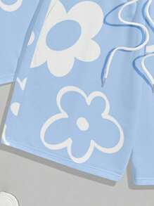 Manfinity Homme 2件套男士休闲短袖T恤和宽松短裤套装男士两件套短裤套装短款2件套男士套装花朵，舒适服装 - 淺藍色 - 查看 7