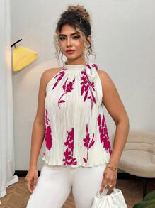 Flirla New Bowknot Spaghetti Strap Sleeveless Printed Pleated Shirt