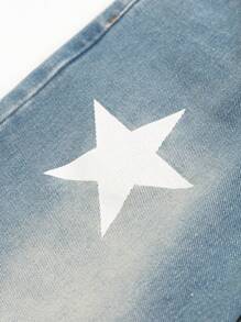 大码男童复古休闲牛仔裤，星星印花，中腰宽松水洗牛仔直筒裤，适合男孩的百搭款式 - 中等水洗藍 - 查看 3