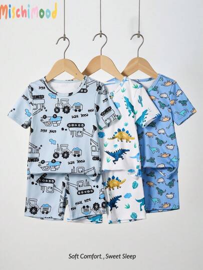 6pcs/Set Boy Pajamas - Cartoon Galaxy & Ocean Animal Print Snug Fit T-Shirt And Shorts Set, Toddler Boys