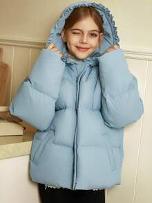 DAZY 女童连帽派克大衣，可爱韩版，长袖，冬季 - 藍色 - 查看 5