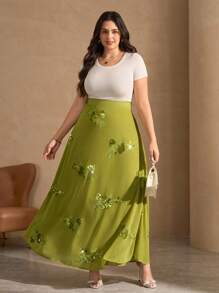 Chikora Falda larga de línea A elegante con bordado de lentejuelas para mujer de talla grande, falda larga de verano verde, falda larga floral, falda de lentejuelas, falda bordada, vuelta al colegio, estilo country, concierto country, dinero antiguo, casual de negocios