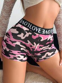 Eraneu 女式高腰运动迷彩印花撞色字母织带拼接平角裤 - 彩色 - 查看 4